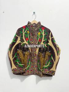 Hand Embroidered <b>Velvet</b> <b>Jacket</b> With Deer And Tree Pattern Mandarin Collar Full Sleeve Women's Winter Coat - Product Image 2