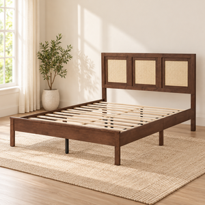 K2626 Woven Cane Headboard <b>Bed</b> Mid Century Queen <b>Bed</b> Platform <b>Bed</b> Frame Wholesale Supply Custom Furniture Order Furniture Supply - Product Image 1