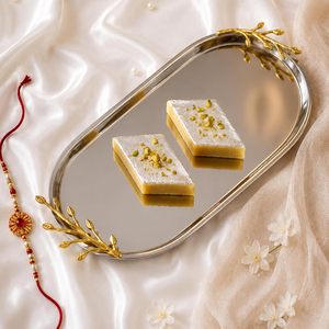 Handmade <b>Silver</b> Plated <b>Mirror</b> Tray with Gold Leaf Branch Design Elegant Decorative Serving Tray for Sweets Dry Fruits Snacks Tea - Product Image 1