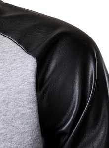 <b>Men's</b> Gray Varsity <b>Jacket</b> Black PU <b>Leather</b> Sleeves Button Closure Casual Style Autumn Wear Regular Fit Solid Color - Product Image 4