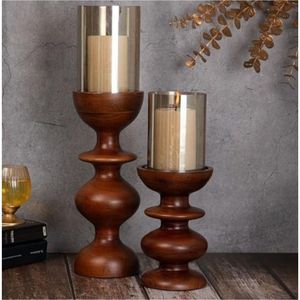Wholesale Wooden Pillar Candle Holder with <b>Hurricane</b> Glass Chimney Vintage Wood Candlestick for Wedding Table Home Decor Pillar - Product Image 1