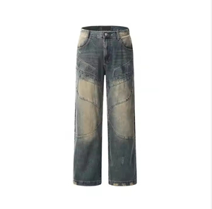 Vaqueros casuales de calle para hombre, multibolsillos, estilo cargo, denim de lavado oscuro, holgados, vintage, estilo motero, paneles, pierna ancha, efecto desgastado, tela para hombre - Product Image 1