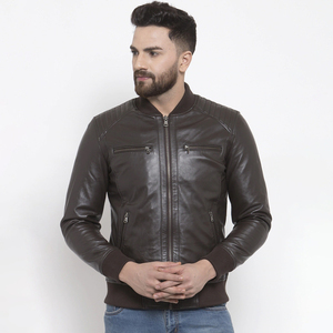 Chaqueta de Motociclista para Hombre, de Cuero Genuino Marrón, Transpirable, Ecológica, Impermeable, con Cuello Camisero, Cierre de Cremallera, Corte Ajustado, Color Sólido - Product Image 1