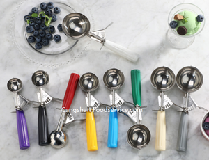 Cuchara para helado con mango de plástico, acero inoxidable, mango de colores, botón de presión suave, cucharas y apiladores de helado ecológicos de metal y plástico - Product Image 4