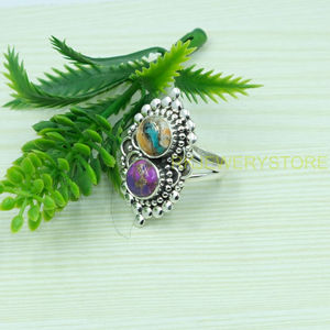 Anillo de Plata de Ley 925 Hecho a Mano con Doble Piedra de Turquesa Cobre Púrpura Natural y Turquesa Ostra Azul, Anillo de Declaración para Mujer - Product Image 6