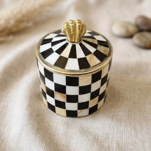 Black and white check high demand brass boxes with mother of pearl detailing Black and white sea shell and brass trinket <b>box</b> - Product Image 1