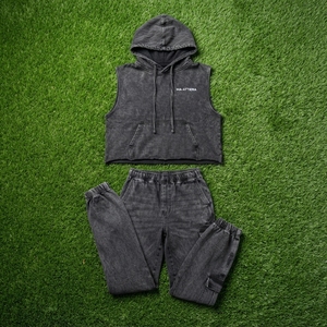 Women Denim Sleeveless Hoodie And Cargo Jogger <b>Pants</b> Set Washed Black Streetwear Two Piece Casual Outfit - Product Image 5