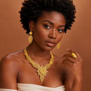 Wholesale African Gold Plated Leaf Necklace Set with Earrings & Ring <b>Bridal</b> Party Jewelry Ethiopian Jewelry Fashion - Product Image 4