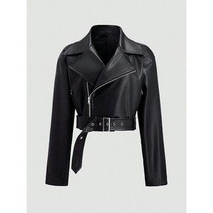 Chaqueta Corta de Cuero PU de Lujo para Mujer, Negra, Personalizada, Otoñal, Sólida, Impermeable, Cortavientos, Estilo Motociclista, con Botones Tejidos - Product Image 2