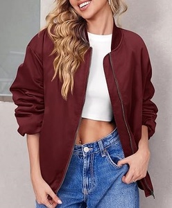 Plain Maroon Color Zip Up Women Bomber <b>Jacket</b> Loose Plus Size <b>Crop</b> Tops Zipper Closure Outerwear Breathable <b>Ladies</b> Bomber <b>Jacket</b> - Product Image 5