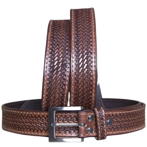 Hot Seller Fully Basket Wave Hand Tooled Cowboy Strap Custom Made Cow Hide Western Style Alloy <b>Metal</b> Buckle Wholesale - Product Image 2