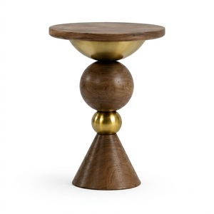 Ribbed Triangular Design Metal Base <b>Round</b> TOP Walnut Finish Mango Wood <b>Side</b> <b>Table</b> For Home living Furniture - Product Image 2