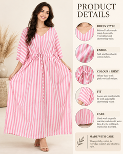 Pink White Floral Bohemian V-neck Caftan <b>Dress</b> for Women Loose Fit Long Maxi Tie Waist Breathable for All Seasons Resort Wear - Product Image 3
