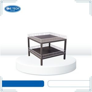 Versatile 2 Layer Square Island Display Stand Powder Coated Iron <b>Wire</b> with Lockable Casters for Retail Product Promotion - Product Image 1