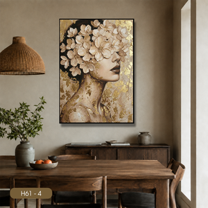 HALO H61-4, Impresión Decorativa de Pared Original, Estilo Moderno, Hecha a Mano, con Marco de Madera y Acrílico/Espejo, Decoración de Interiores, Retrato de Flores con Hojas Doradas - Product Image 1