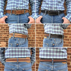Ceinture Western en cuir façonnée à la main avec motif aztèque diamanté, perles turquoise et boucle en alliage de style vintage - Product Image 2