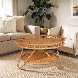 Artan Mesa de centro redonda de ratán de 2 niveles hecha a mano Diseño de mesa único - Product Image 1