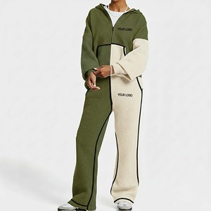 <b>Women's</b> Olive Green <b>Knitted</b> Hooded Tracksuit Set Casual Loose Fit Full Length Sweatshirt <b>Joggers</b> 100% Cotton Breathable OEM ODM - Product Image 1