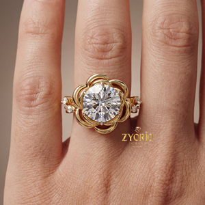 Bague de fiançailles et de mariage de luxe en or jaune, motif fleur de rose, diamant taillé, diamant de laboratoire, clarté VVS2, 1 carat, cadeau - Product Image 4