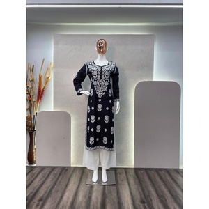DESIGNER RAYON FIL DE COTON BRODERIE TRAVAIL KURTI AVEC PALAZZO NOIR - Product Image 3