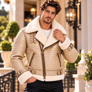<b>Men</b>’s Beige Snake Embossed <b>Shearling</b> Leather <b>Jacket</b> Ανδρικό Δερμάτινο Μπουφάν Custom OEM Wholesale Supplier - Product Image 1