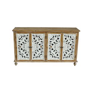 Armadio moderno di accento della fattoria con 4 porte floreali intagliate in legno Credenza di stoccaggio per soggiorno ingresso cucina corridoio - Product Image 6
