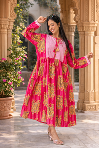 Abito midi in cotone con stampa tigre rosa da donna – Elegante abito lungo Kurti etnico casual con maniche a 3/4 per l'estate - Product Image 3