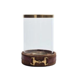 Glass Hurricane Luxury Gold Horse Bit Style Wood Base Decorative <b>Candle</b> Jar Cylindrical Vessel Party Decoration <b>Candle</b> Holder - Product Image 1
