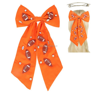 Custom Satin School Team Football Hair Bow Clip Beaded Cheer Hair Accessory in Bulk Available Orange Purple Red Blue for Parties - Product Image 4