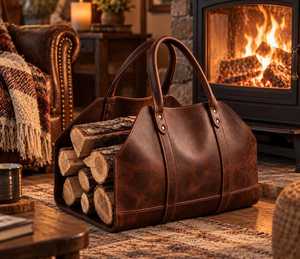 Bolsa de Transporte de Leña de Cuero Genuino Vintage, Bolsa de Transporte de Leña para Chimenea, Resistente, LLR-0113 - Product Image 1