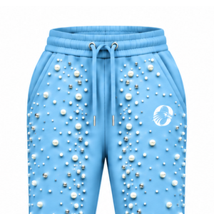 Sky Blue Pearl Beaded Jogger Pants Women Luxury Embellished Drawstring Sweatpants Casual Streetwear Fleece <b>Trousers</b> <b>With</b> <b>Pockets</b> - Product Image 3