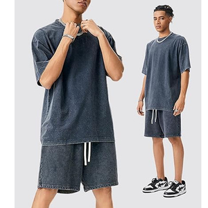 Men Gym Workout Acid Wash T Shirt Shorts <b>Set</b> Summer Casual 2 Piece Outfit Breathable Cotton Matching <b>Set</b> - Product Image 4