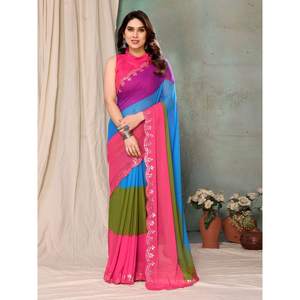 DISEÑADOR GEORGETTE ESPEJO IMPRESO TRABAJO SAREE CON BLUSA SIN COSTAR MULTI - Product Image 1