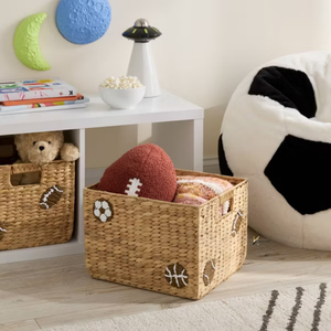 Boho Sports Embroidered Water Hyacinth Basket Cutout Handles Open Top Woven Storage <b>Bin</b> Kids <b>Bedroom</b> Decor Box - Product Image 3