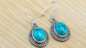 Pendientes Colgantes de Plata con Turquesa, Pendientes de Turquesa con Cabujón Ovalado, Pendientes Colgantes Boho Hechos a Mano, Joyería Tribal Vintage - Product Image 2