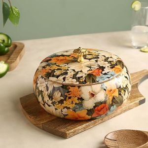 Casserole en céramique ronde à motif floral, revêtement émaillé, couvercle durable inclus - Product Image 3