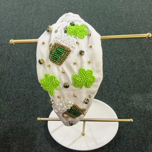 Wholesale Beautiful White Beaded Clover & Beer Mug <b>Headband</b> St Patrick’s Day Handmade Knot Hairband for Women and Girls Events - Product Image 1