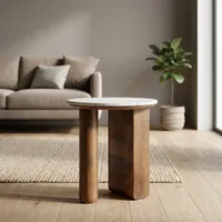 Table d'appoint moderne en bois de manguier avec plateau en marbre rond, meubles faits à la main pour le salon