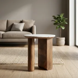 Modern <b>Round</b> Marble Top Mango Wood Side <b>Table</b> Handmade Living Room Furniture - Product Image 3