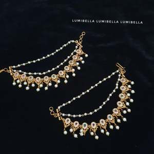 Gold Matte Polish Ear Chains with Pearls-Fashion Earrings - Product Image 3