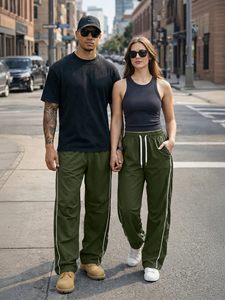 <b>Men</b> Fashion Parachute Pants Lightweight <b>Wide</b> <b>Leg</b> Drawstring <b>Trousers</b> OEM Manufacturer - Product Image 4