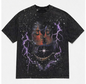 Camiseta Vintage con Gráfico Cósmico, Oversize, de Algodón 100% de Alto Gramaje, Lavada, Estilo Streetwear, con Pedrería, Unisex - Product Image 1