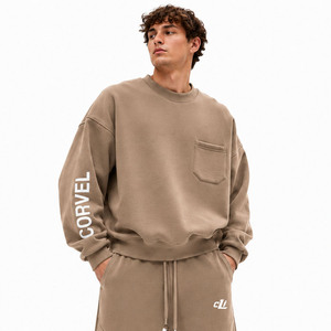เสื้อสเวตเชิ้ตคอกลม Urban Utility Pocket พร้อมกางเกงขายาวทรงโค้ง แบรนด์สั่งทำพิเศษ ผ้าคอตตอนหนา GSM เสื้อฮู้ดดี้โอเวอร์ไซส์สีพื้น ชุดเซ็ตสีเดียว - Product Image 3