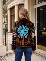 Veste ouverte sur le devant brodée de fleurs colorées pour femmes, vêtement d'extérieur en coton fait main de style bohème