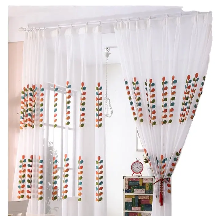 Embroidered Colour Leaves String Desgin Polyester Fabric Gauze for Screening Window Curtain DIY Sewing
