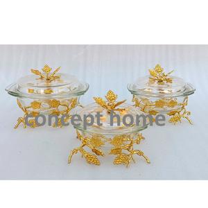 Plat de service en laiton et verre avec couvercle pour la maison, les restaurants et la cuisine, plat de service décoratif couleur or - Product Image 2