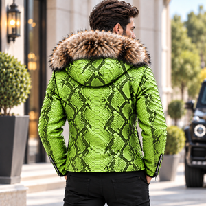 Men's Python Leather <b>Jacket</b> with Fox <b>Fur</b> <b>Hood</b> Luxury, Herren Lederjacken biker , Chaqueta Hombre Cuero Python , Veste Homme Cuir - Product Image 3
