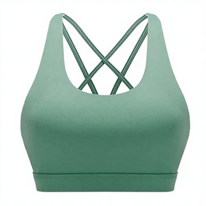 Soutien-gorge de sport pour femme, col rond, bretelles croisées, maintien moyen, yoga, fitness, respirant, séchage rapide, vert uni - Product Image 1