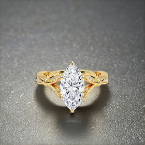 Anillo de compromiso de moissanita de corte Marquesa de lujo, oro amarillo, Vintage filigrana, vástago dividido, joyería de acento de diamante - Product Image 1