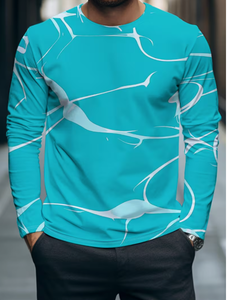 <b>Men's</b> <b>Collarless</b> Embossed Printed Sporty <b>Shirt</b> Turquoise <b>White</b> Pattern Quick Dry Knitted Casual Top Spring Full Sleeve 100% - Product Image 3